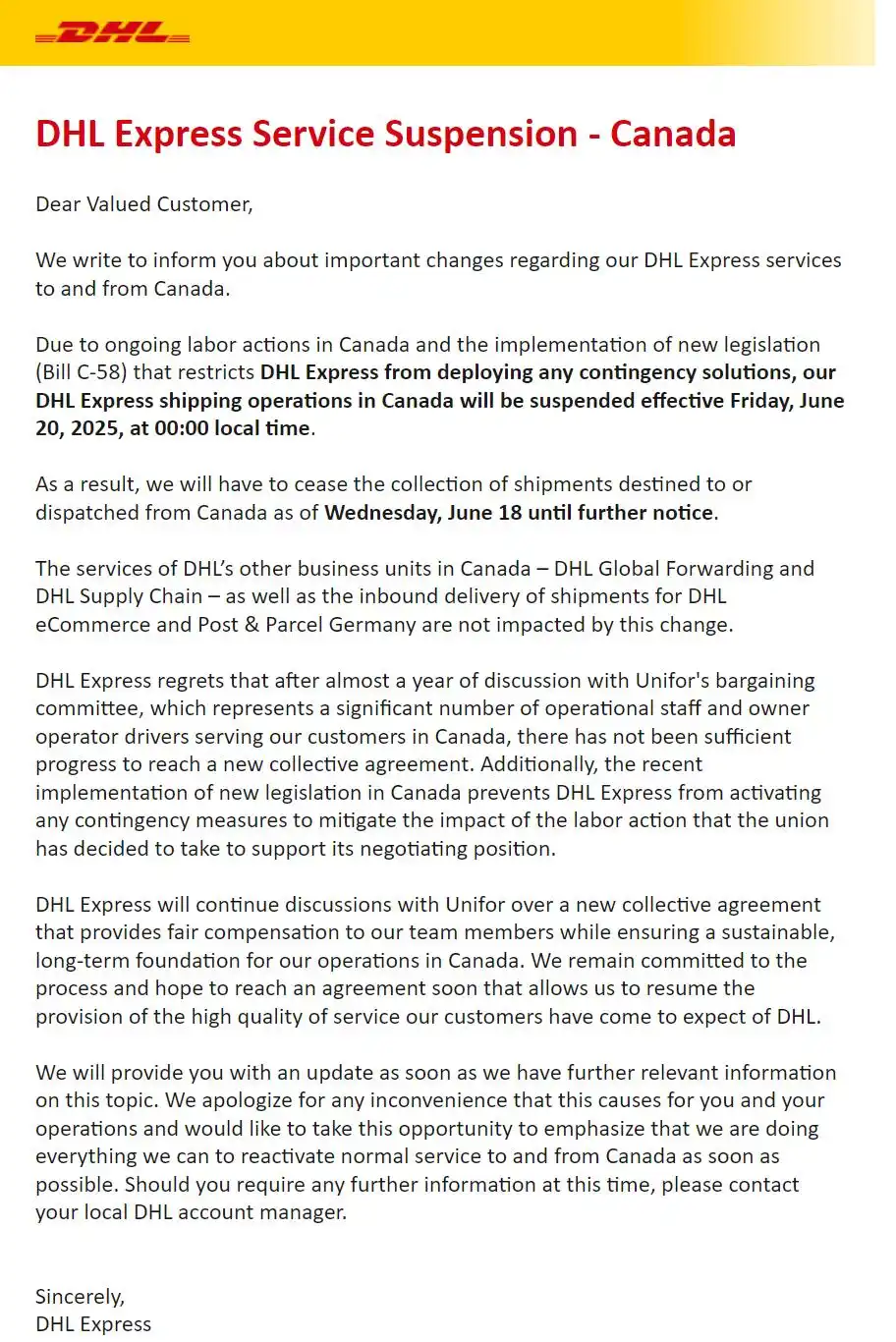 中东五国快递暂停，加拿大DHL罢工停运
